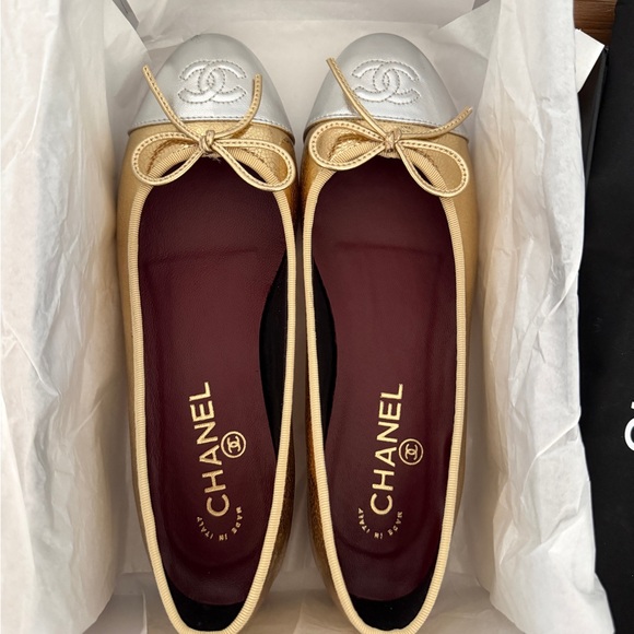 CHANEL Gold and Silver Cap-Toe Ballet Flats - Picture 9 of 9